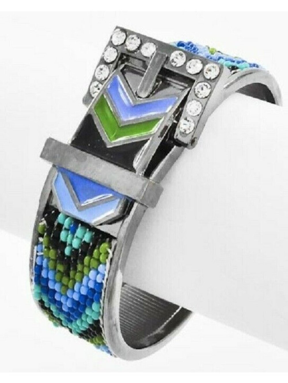 Blue Green Seed Bead Beaded CHEVRON Buckle Hematite Rhinestone Hinged Bracelet